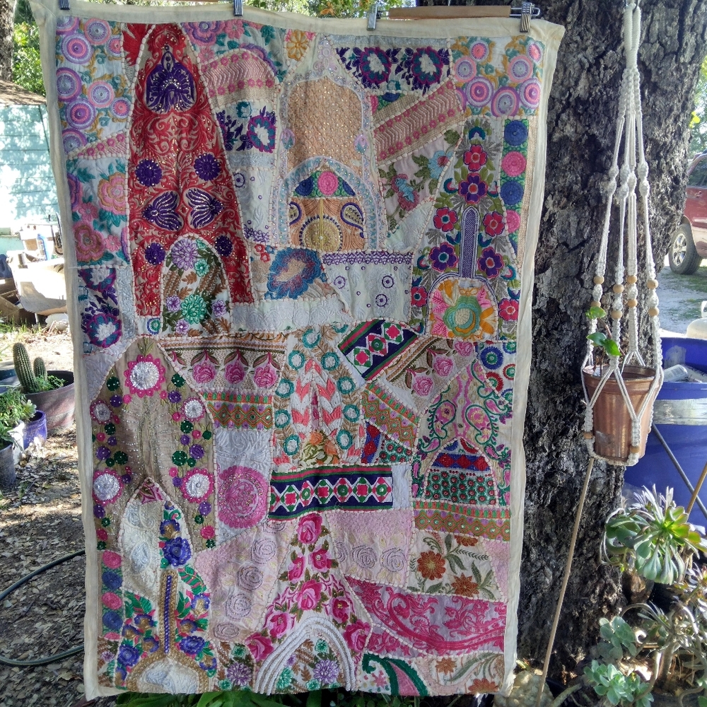 Colorful Vintage Textured Kantha Patchwork Tapestry